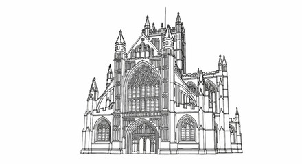 Fototapeta premium Ornate cathedral facade with arched windows and spires, detailed line drawing
