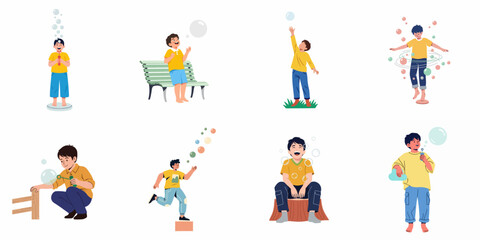 Fototapeta premium Joyful children interacting with bubbles in diverse playful poses, showcasing happiness and imagination.