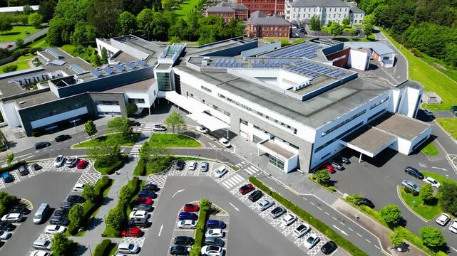 Drone footage of the South Eastern Trust hospital buildings at Down Hospital, Downpatrick, Northern Ireland