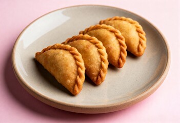 Fried curry puffs on a ceramic plate. Traditional Asian snack karipap or Indian gujiya on a pink background. Crispy empanadas for Holi festival