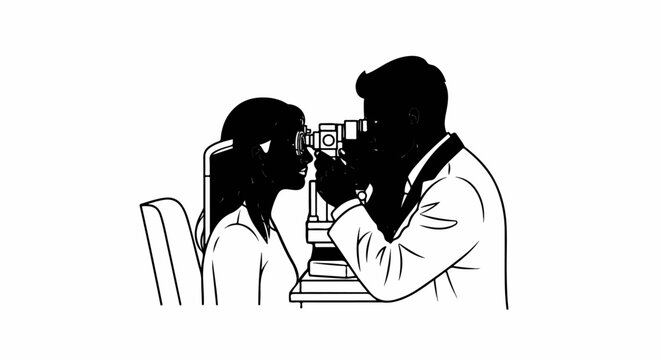 Optometrist examines a patient's eyes with a refractor