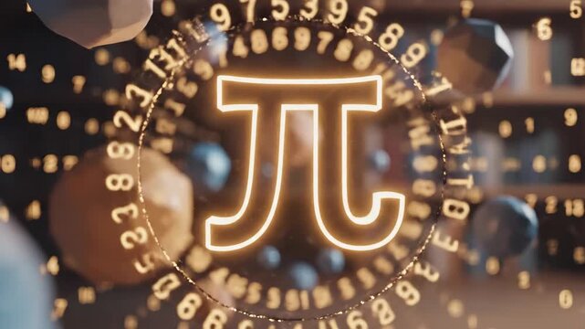 A mesmerizing neon-glowing mathematical symbol of Pi, surrounded by floating geometric shapes, numbers, and bokeh, representing the beauty and complexity of mathematics, set against a blurre