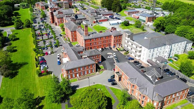 Drone footage of the South Eastern Trust hospital buildings at Down Hospital, Downpatrick, Northern Ireland