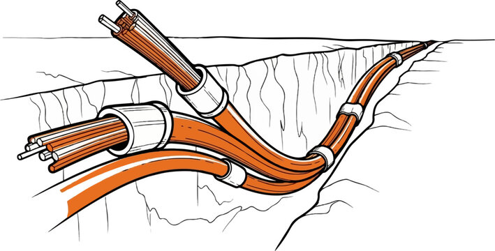 Orange cables emerging from a trench, showing internal structure within the conduit