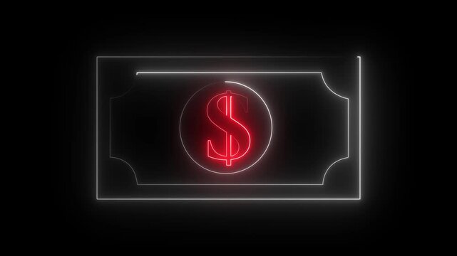 Glowing neon line bank note dollar icon isolated on black background. dollar banknote icon. stacked dollar bills representing finance, banking, savings, and economic wealth concept.
