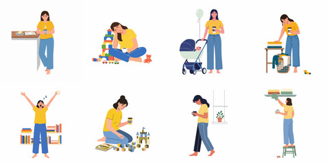 Naklejka premium A collection of illustrations depicting a tired woman's daily struggles with motherhood, household chores, and the constant need for coffee to stay awake and productive.