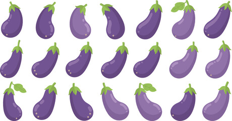 Eggplant vegetable icon set flat vector collection of fresh purple aubergines isolated on light background