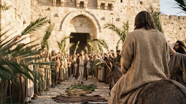 Cinematic biblical scene of jesus christ riding a donkey entering the ancient stone city gates of jerusalem surrounded by a joyful welcoming crowd holding green palm branches on palm sunday