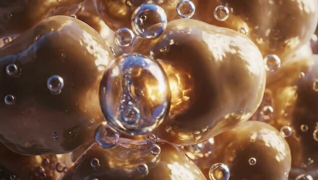 Abstract close-up of bubbles and golden spheres in liquid  