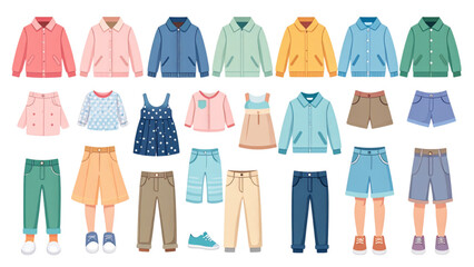 Kids Clothing Vector Set with Colorful Shirts Dresses Jackets Pants Shorts and Shoes Flat Cartoon Style Isolated on White
