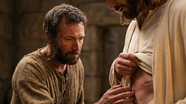 Cinematic biblical scene of the apostle Thomas touching the deep side wound of resurrected jesus christ in a dim stone room illustrating strong faith and powerful religious christian gospel history
