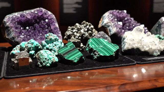 Collection of various colorful gemstones and minerals displayed on a wooden surface for collection or display