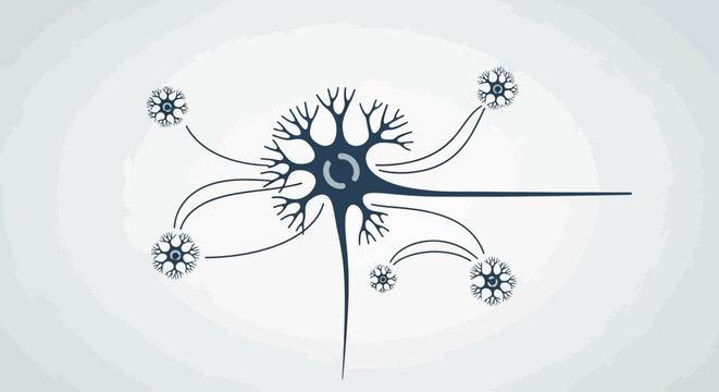 Illustration of a neuron cell with dendrites and axon terminals.