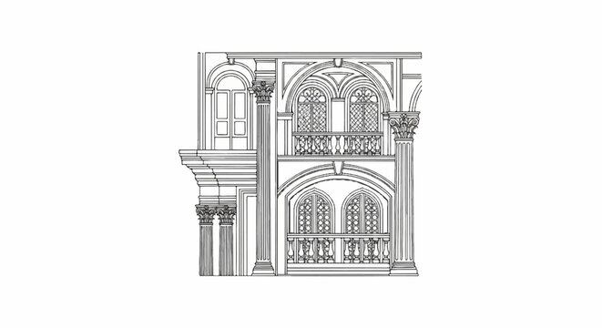 Ornate architectural facade with classical columns, arched windows, and balconies
