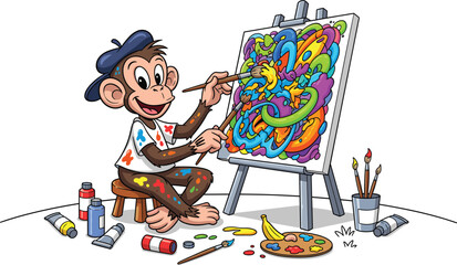 Funny monkey artist painting colorful abstract artwork, cartoon animal painter illustration, creative art concept, cute character drawing, playful artistic design © shamima