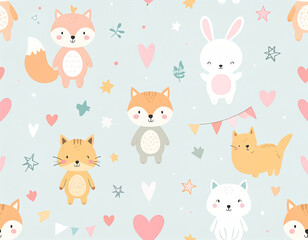 Obraz premium Adorable Kawaii Animal Seamless Pattern with Pastel Bunnies and Cats for Nursery Wallpaper