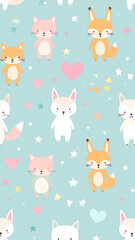 Obraz premium Adorable Kawaii Animal Seamless Pattern with Pastel Bunnies and Cats for Nursery Wallpaper