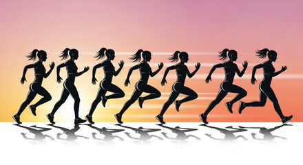 Obraz premium Silhouette of women running in unison at sunset fitness and athleticism concept with motion sequence