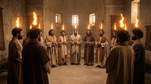 Cinematic biblical scene of apostles gathered in a dim stone room with glowing holy spirit fire flames above their heads illustrating powerful early christian faith and sacred religious history