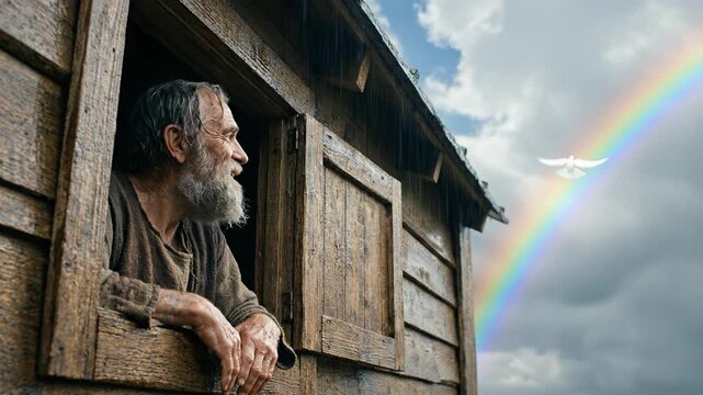 Cinematic biblical scene of old Noah releasing a white dove from the wooden ark window during rain with a bright colorful rainbow in the dark dramatic stormy sky weather background