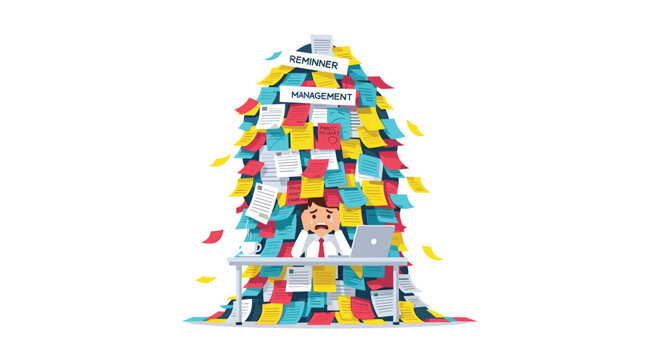 Stressed businessman buried under a massive mountain of sticky notes and papers at his desk.