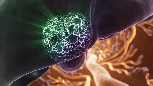 Microscopic view of a glowing cellular structure with vibrant green and purple light emitting from its core against a dark, organic background