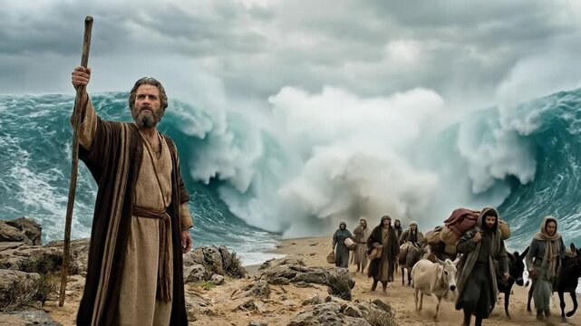 Cinematic epic biblical scene of the prophet Moses holding a wooden staff parting the massive crashing waves of the red sea leading israelites through a dramatic dark stormy weather landscape