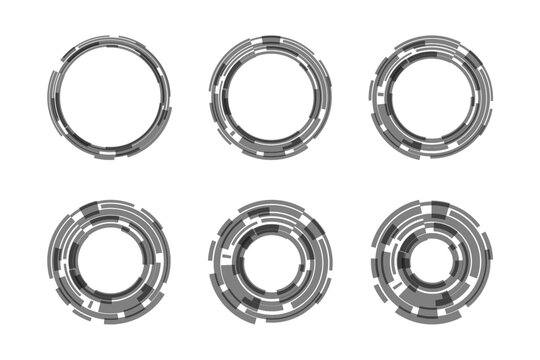 Abstract black tech circles set. Futuristic HUD interface ring elements collection. Modern digital frames for UI design, dashboards, infographics, presentations, and sci fi technology concepts. Vector