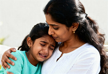 Obraz premium Indian mother comforting her crying sad daughter. Loving parent hugging and supporting her upset child. Motherhood and family love concept