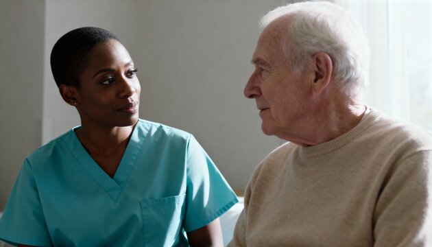 A compassionate Black nurse listens to an elderly male patient during a consultation. A healthcare professional provides support and care in a nursing home or hospital setting.
