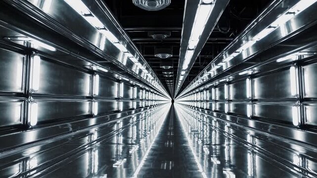 Futuristic corridor with metallic walls and bright lights creating a perspective view, showcasing a continuous pathway leading into the distance