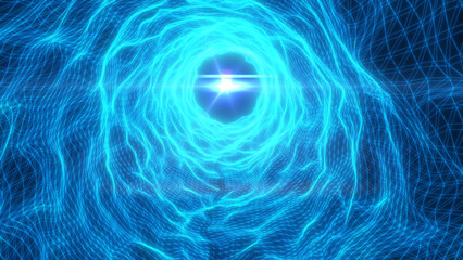 Naklejka premium Bright blue sci-fi portal vortex inside a digital wireframe grid with glowing energy ring and cinematic lens flare