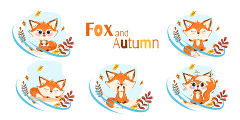 Set of cute fox emotions for autumn theme: sleeping, scared, surprised and relaxed poses with falling leaves. Adorable woodland baby in different moods, perfect for nursery prints and stickers.