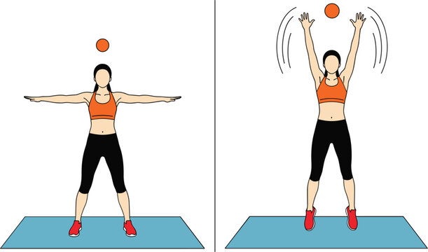Female Athlete Performing Medicine Ball Jumping Jack Exercise on Fitness Mat Step by Step Home Workout Training Routine Vector Illustration for Health and Gym Practice