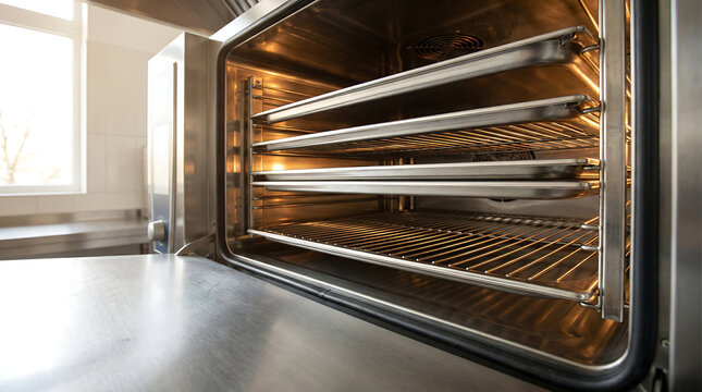 Professional stainless steel commercial oven with open door showing interior racks and trays in clean kitchen