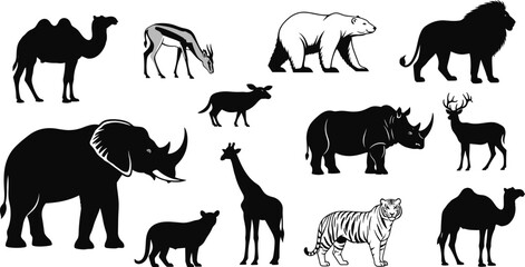 Black silhouette collection of wild animals featuring elephant lion tiger giraffe and rhino icons, isolated safari and zoo wildlife vector illustrations for nature design projects. © IconicCreations