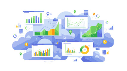 Infographic illustration of various business charts and graphs floating on clouds with a mix of colorful data visualizations and icons.