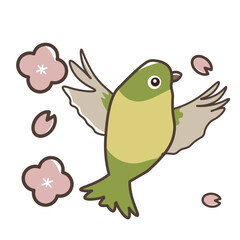 桜と羽ばたくメジロ。春の素材。動物。ベクターイラスト