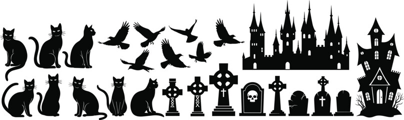 Fototapeta premium Halloween black silhouette illustrations featuring haunted castle, spooky house, black cats, flying crows, gravestones, eerie crosses