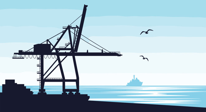 Industrial harbor scene featuring a large port crane silhouette against a bright sky with seagulls and a ship in the background.