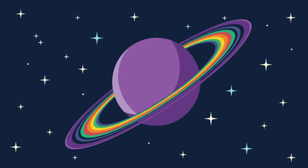 Fototapeta premium Colorful planet with rainbow rings surrounded by bright stars in a deep blue space for astronomical and cosmic themed designs.