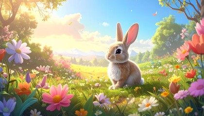 Fototapeta premium Kelinci menggemaskan di ladang bunga yang semarak.