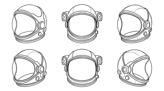 astronaut helmet, 6 black delicate line drawings vector set collection , white background , PNG and SVG