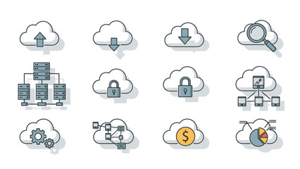 Obraz premium Flat lay of various cloud computing and data security icons in blue and orange hues on a white background with a technological feel.