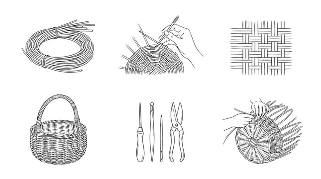 basket weaving, 6 black delicate line drawings vector set collection , white background , PNG and SVG