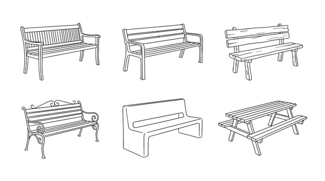 bench, 6 black delicate line drawings vector set collection , white background , PNG and SVG