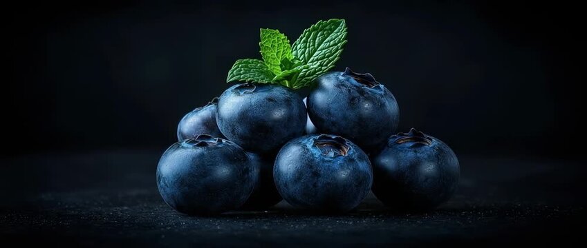 Close up stack of dark blueberries crowned with  fresh mint sprig against  black