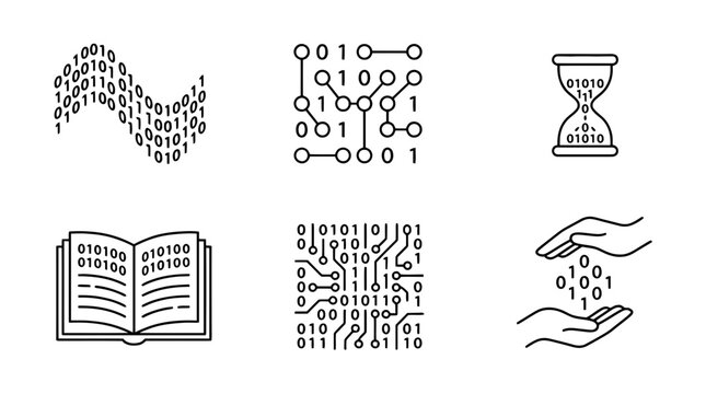 binary code, 6 black delicate line drawings vector set collection , white background , PNG and SVG