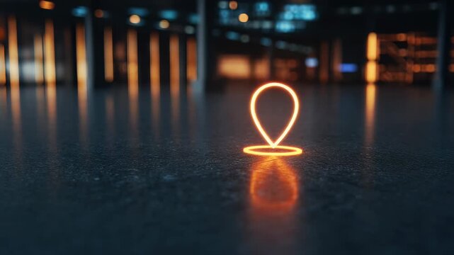 Glowing orange neon map pin icon resting on dark textured floor with blurred city lights