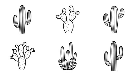 Fototapeta premium cactus, 6 black delicate line drawings vector set collection , white background , PNG and SVG
